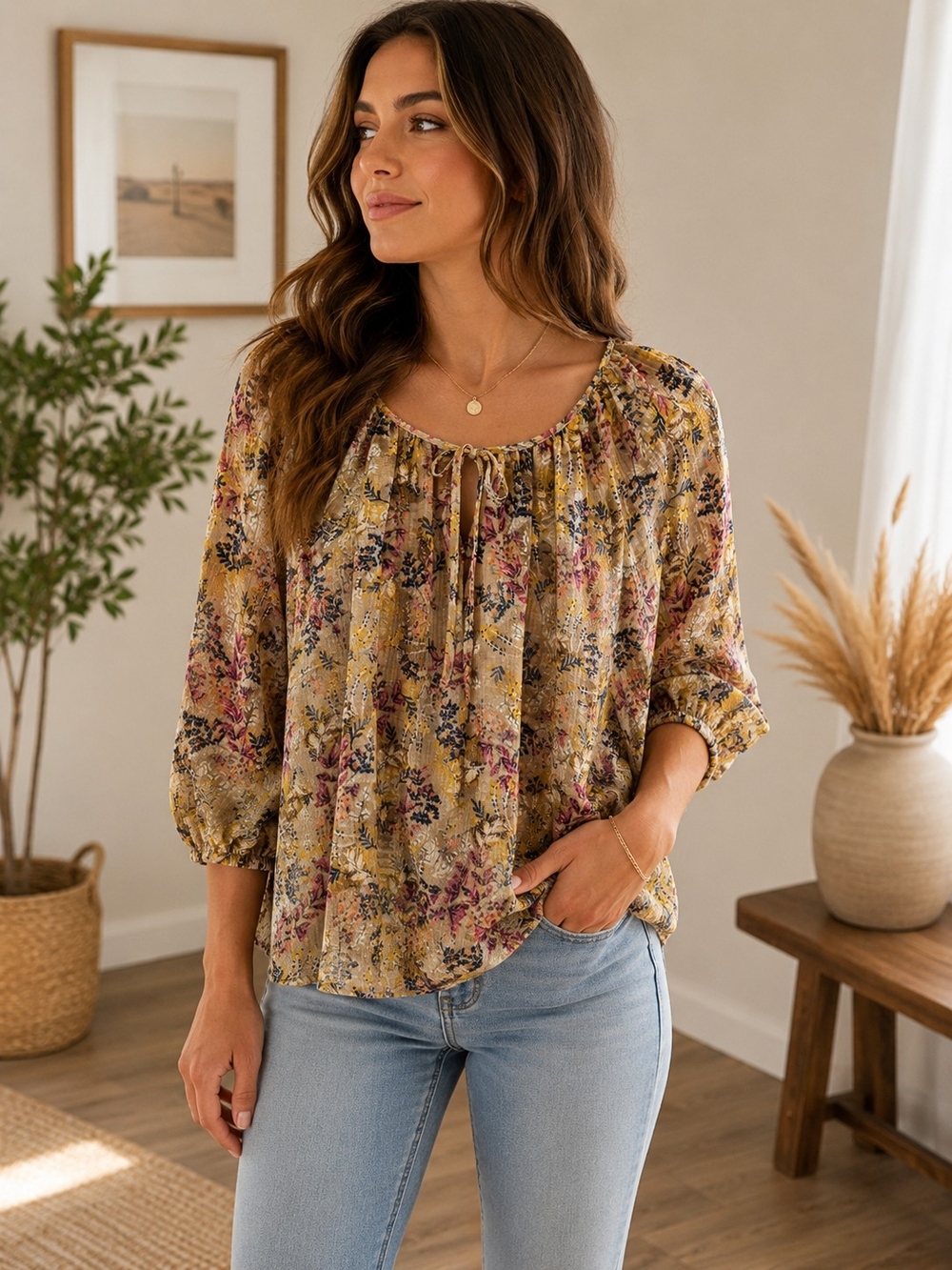 LOFT Mustard Floral Tie-Front Peasant Blouse